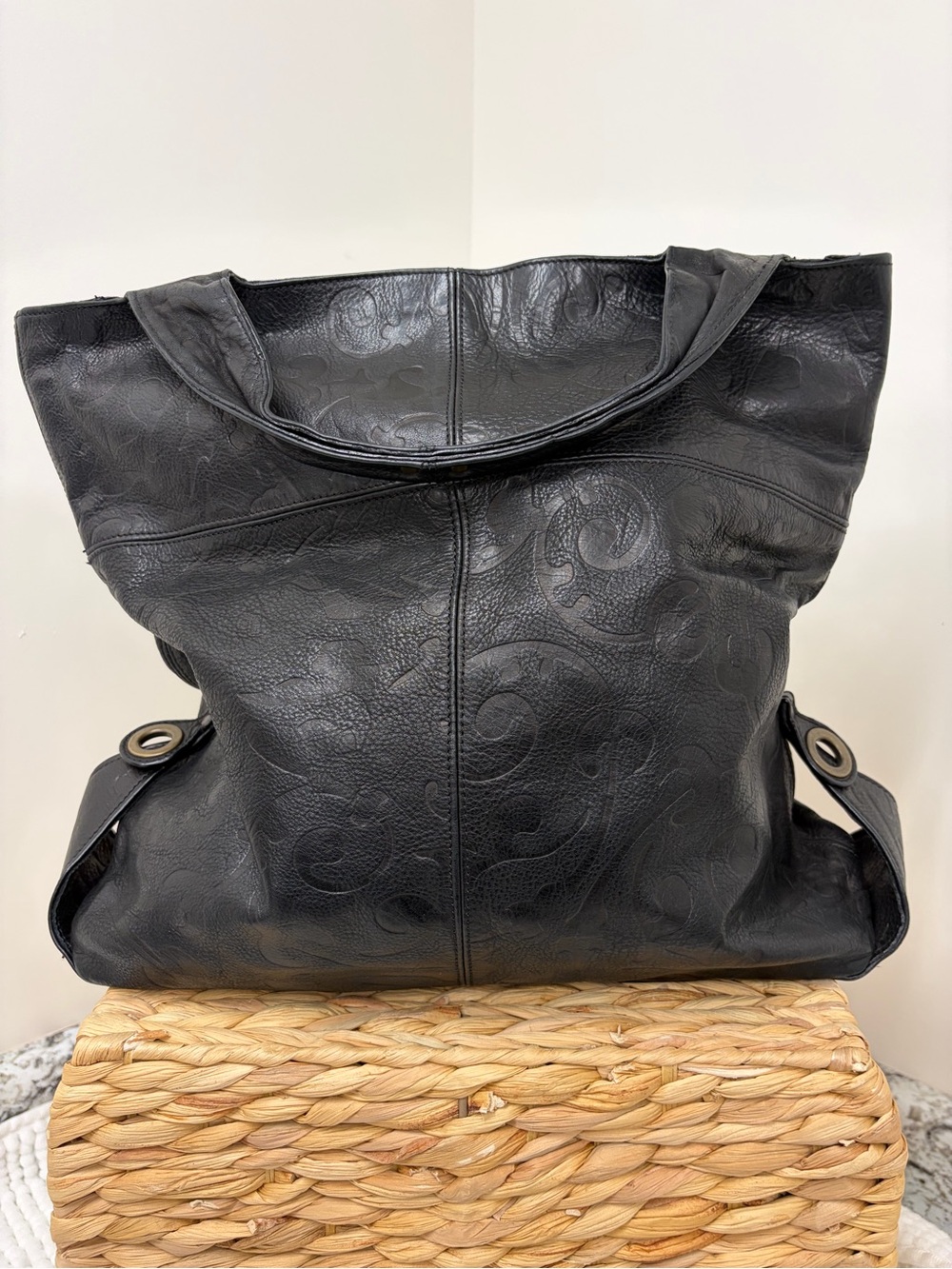 Falor Textured Black Leather Tote with Eyelet Strap Accents